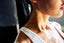 side view of womans face sweating heavily