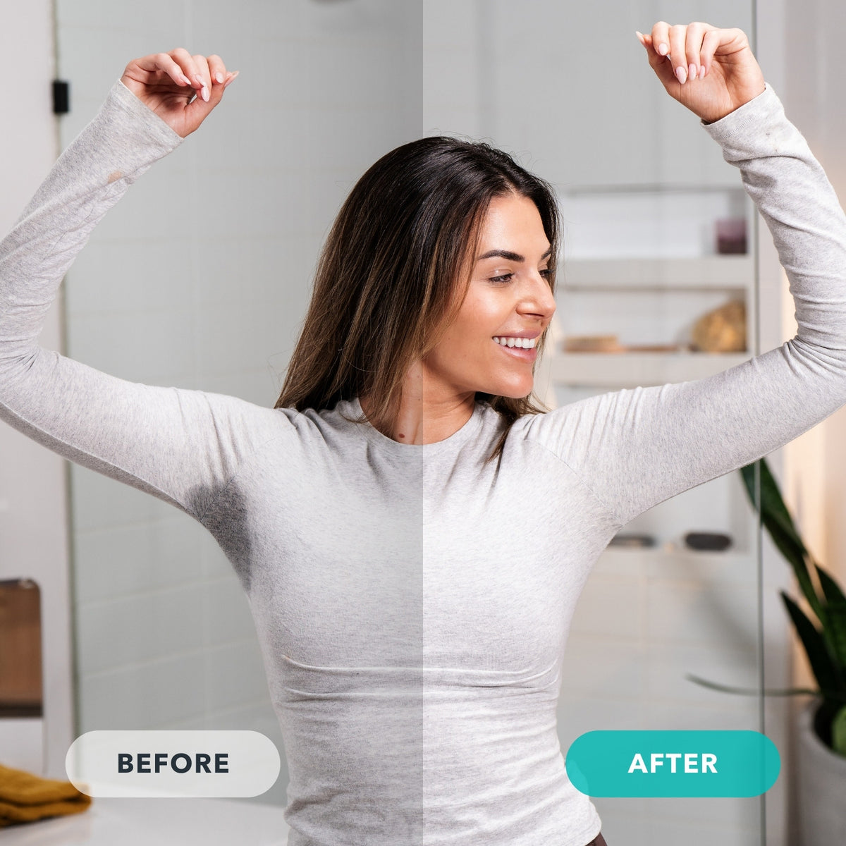 Before & After: Woman with 1 wet armpit and one dry armpit.  SweatBlock prevents embarrassing sweat marks