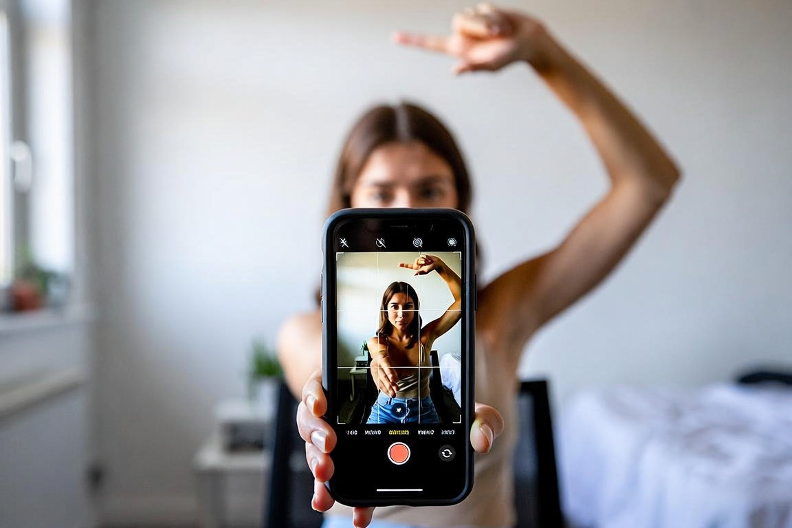 A phone on a tripod recording a creator speaking to camera.