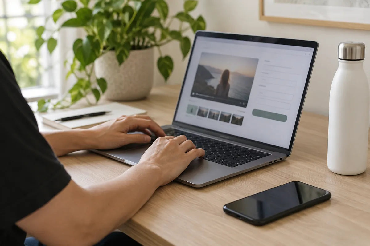 A creator working on a video at a laptop.